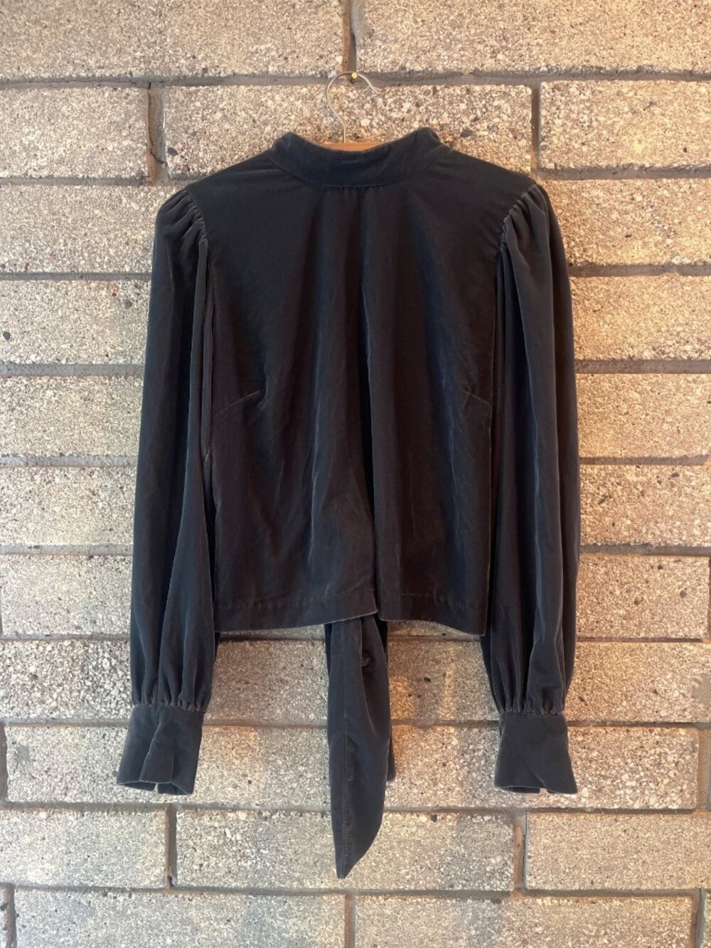 Grey Banana Republic Velvet Long Sleeve Tie-Back Blouse With Puff Sleeves